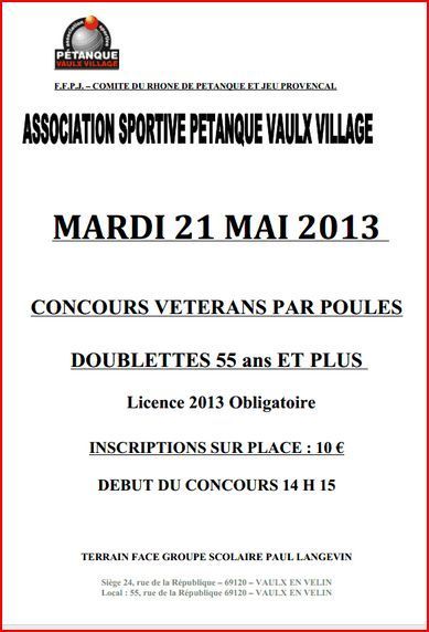 Concours  55 ans et + de l'ASPVV du mardi 21 mai 2013