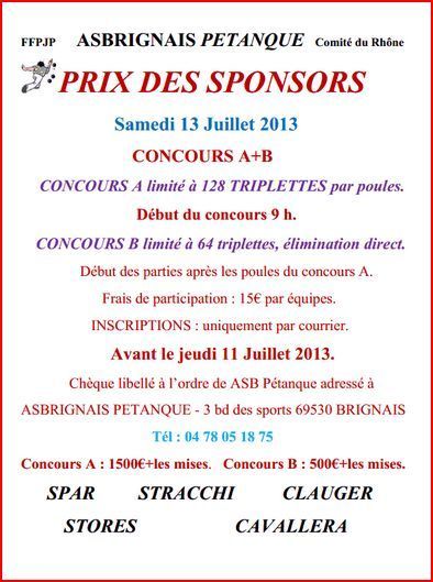 PRIX DES SPONSORS  ASBRIGNAIS PÉTANQUE Samedi 13 Juillet 2013 PRIX DES SPONSORS  ASBRIGNAIS PÉTANQUE Samedi 13 Juillet 2013