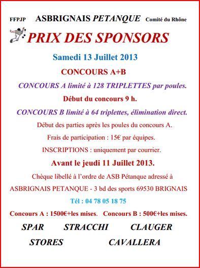 PRIX DES SPONSORS  ASBRIGNAIS PÉTANQUE Samedi 13 Juillet 2013