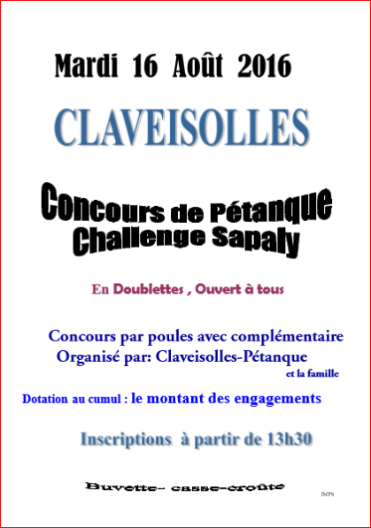 Concours Claveisolles Pétanque concours du Mardi 16 aout 2016 à 13 h 30