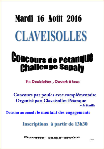 Concours Claveisolles Pétanque concours du Mardi 16 aout 2016 à 13 h 30 Concours Claveisolles Pétanque concours du Mardi 16 aout 2016 à 13 h 30