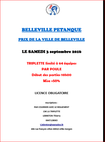 Grand prix de la ville de Belleville pétanque samedi 03 septembre 2016