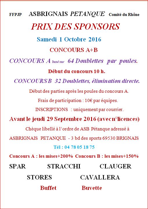PRIX DES SPONSORS 	Samedi 1 Octobre 2016 CONCOURS A+B CONCOURS A basé sur  64 Doublettes  par  poules.