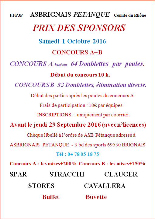 PRIX DES SPONSORS Samedi 1 Octobre 2016 CONCOURS A+B CONCOURS A basé sur 64 Doublettes par poules. PRIX DES SPONSORS Samedi 1 Octobre 2016 CONCOURS A+B CONCOURS A basé sur 64 Doublettes par poules.