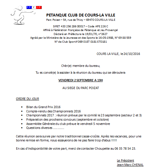 REUNION DU BUREAU VENDREDI 2 SEPTEMBRE A 19H  AU SIEGE DU PARC POIZAT 