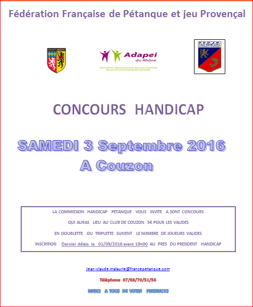 Concours handicap organiser par la commission à Couzon le 03/09/2016 à 14h00 Concours handicap organiser par la commission à Couzon le 03/09/2016 à 14h00