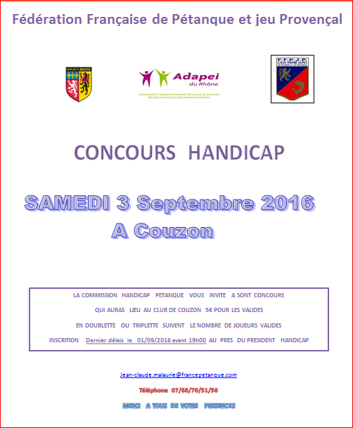 Concours handicap organiser par la commission  à Couzon le 03/09/2016 à 14h00