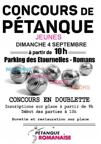 La Pétanque Romanaise organise en parallèle de la finale des championnats des clubs jeunes le 4 septembre à 10h un concours de Pétanque Jeunes. Catégories Benjamins, Minimes, Cadets et Juniors. La Pétanque Romanaise organise en parallèle de la finale des championnats des clubs jeunes le 4 septembre à 10h un concours de Pétanque Jeunes. Catégories Benjamins, Minimes, Cadets et Juniors.