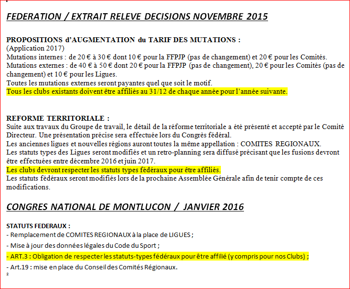 STATUTS DES CLUBS  permettant ainsi la délivrance des licences 2017.