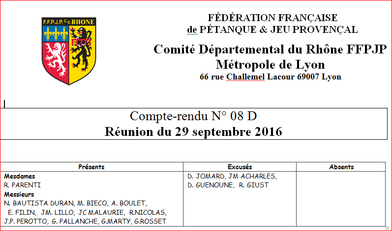 Compte-rendu N° 08 D Réunion du 29 septembre 2016 Compte-rendu N° 08 D Réunion du 29 septembre 2016