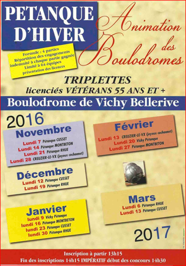 CALENDRIER DES ANIMATIONS DU BOULODROME VETERANS 2016 2017 VICHY