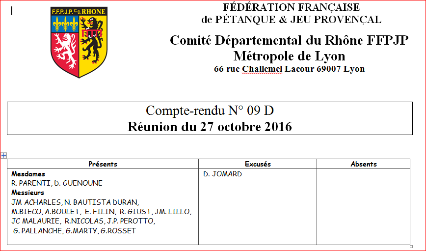 Compte-rendu N° 09 D Réunion du 27 octobre 2016