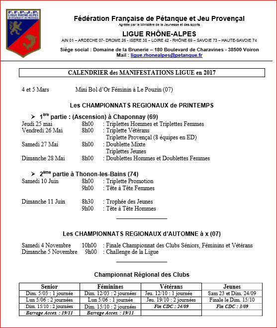 Calendrier des manifestations Ligue en 2017 Calendrier des manifestations Ligue en 2017
