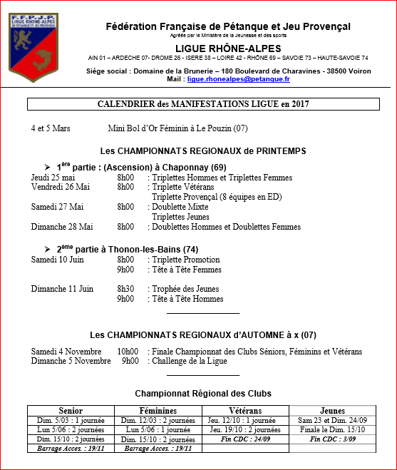 Calendrier des manifestations Ligue en 2017