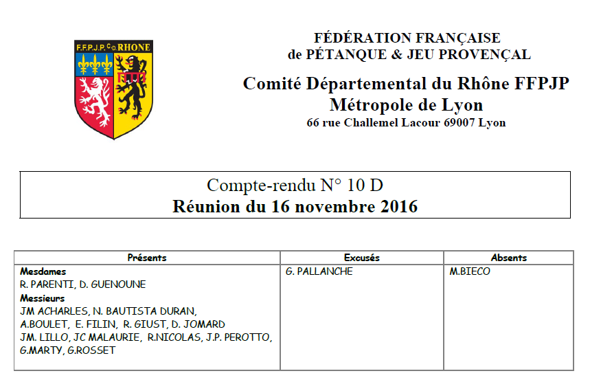 Compte-rendu N° 10 D Réunion du 16 novembre 2016 Compte-rendu N° 10 D Réunion du 16 novembre 2016