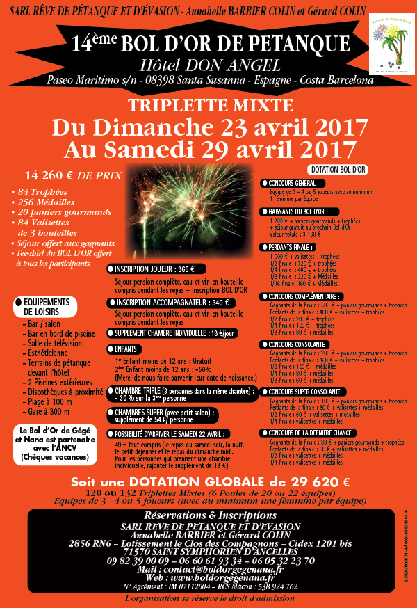 Bol d'Or de pétanque à Santa Susanna du 23 au 29 avril 2017 Bol d'Or de pétanque à Santa Susanna du 23 au 29 avril 2017