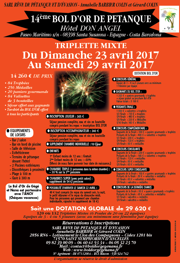 Bol d'Or de pétanque à Santa Susanna du 23 au 29 avril 2017