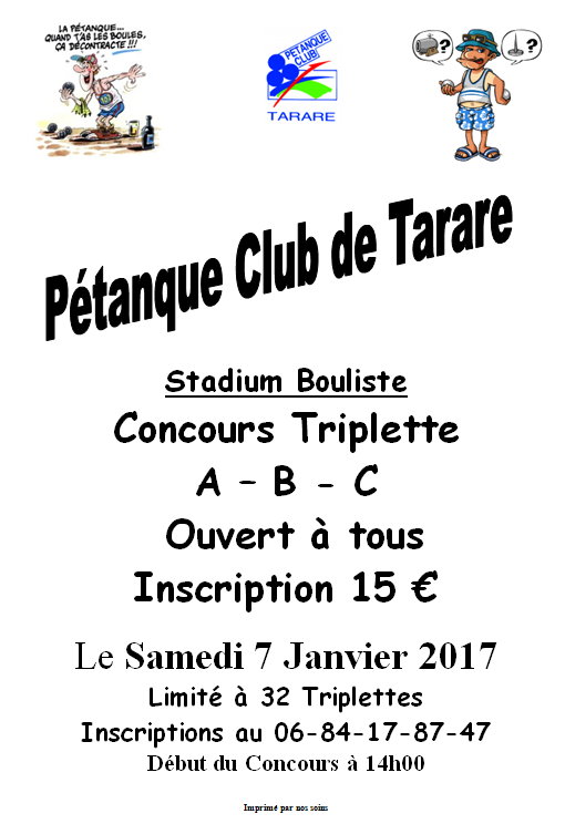 Concours pétanque triplette le samedi 7 janvier 2017 à Tarare