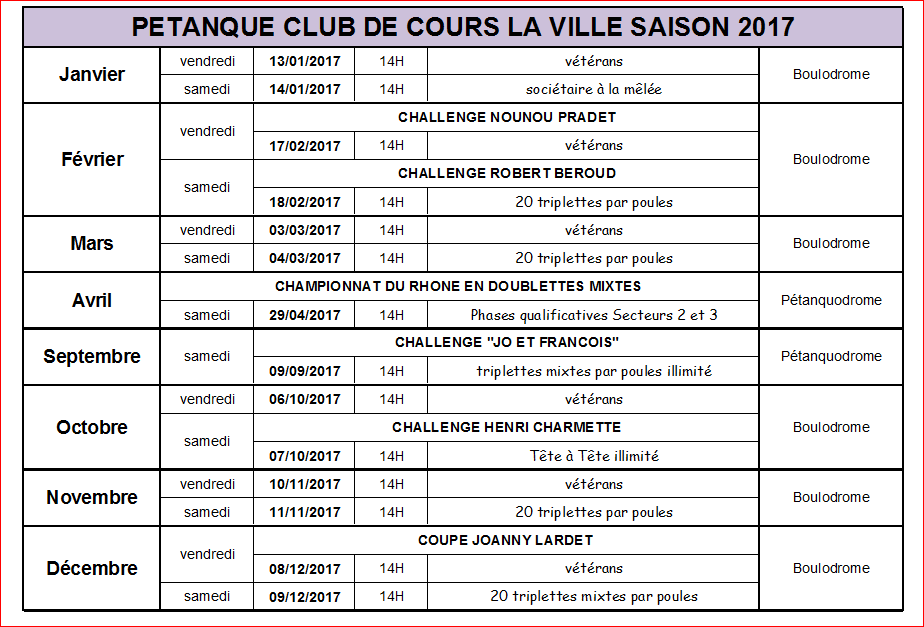 Calendrier concours Cours la ville saison 2017