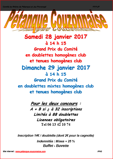 Concours samedi 28 janvier et dimanche 29 janvier 2017 GPCOM + GPMIXT COUZON Concours samedi 28 janvier et dimanche 29 janvier 2017 GPCOM + GPMIXT COUZON
