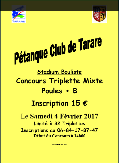 Concours Triplette mixte du samedi 04 Février 2017 .