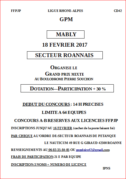 Concours GRAND PRIX MIXTE samedi 18 février 2017 MABLY Concours GRAND PRIX MIXTE samedi 18 février 2017 MABLY