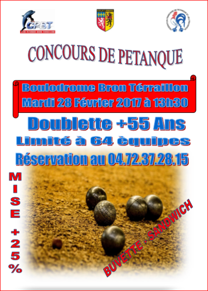 Concours doublette + 55 ans mardi 28 février 2017 à Bron Terraillon