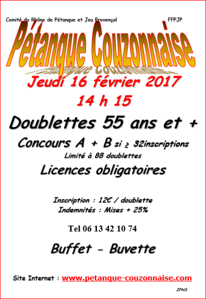 Concours  jeudi 16 février.2017 doublette 55ans et + 