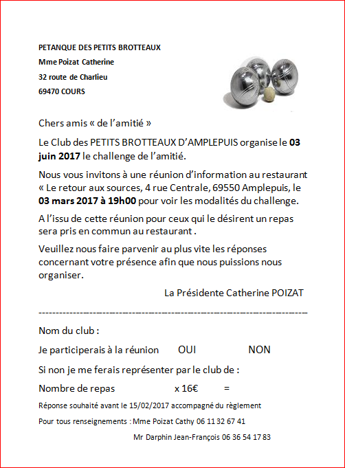 Challenge de l'amitié 2017 aux présidents des clubs veuillez trouver ci-joint l'invitation pour la réunion d'information pour le challenge de l'amitié 2017 Challenge de l'amitié 2017 aux présidents des clubs veuillez trouver ci-joint l'invitation pour la réunion d'information pour le challenge de l'amitié 2017