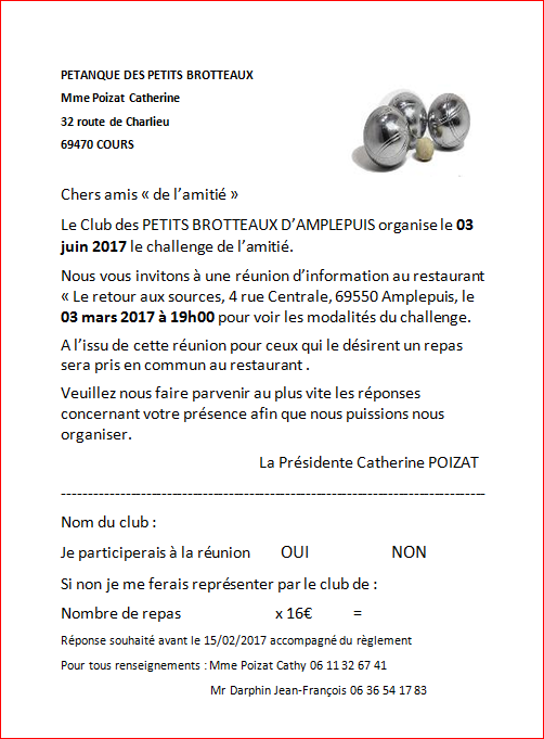 Challenge de l'amitié 2017 aux présidents des clubs veuillez trouver ci-joint l'invitation  pour la réunion d'information pour le challenge de l'amitié 2017