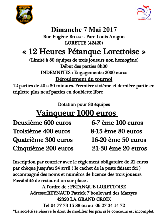 Concours Dimanche 7 Mai 2017 Rue Eugène Brosse - Parc Louis Aragon LORETTE (42420) « 12 Heures Pétanque Lorettoise »