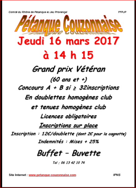Concours jeudi 16 mars à 14h15 à Couzon. les deux concours ne seront pas limités et les inscriptions seront prises sur place. Concours jeudi 16 mars à 14h15 à Couzon. les deux concours ne seront pas limités et les inscriptions seront prises sur place.