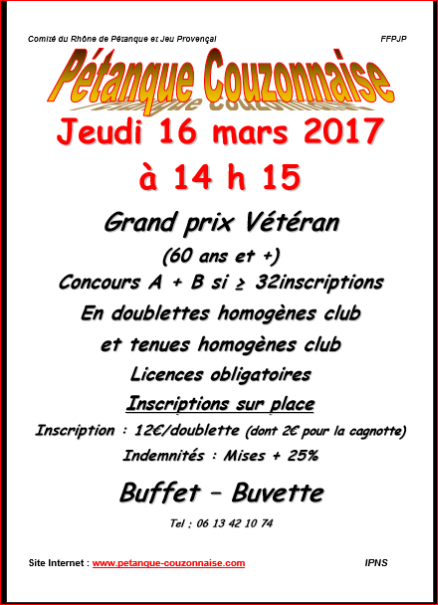 Concours jeudi 16 mars à 14h15 à Couzon. les deux concours ne seront pas limités et les inscriptions seront prises sur place.