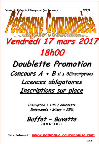 Concours vendredi 17 mars à 18H00 à Couzon.les deux concours ne seront pas limités et les inscriptions seront prises sur place. Concours vendredi 17 mars à 18H00 à Couzon.les deux concours ne seront pas limités et les inscriptions seront prises sur place.