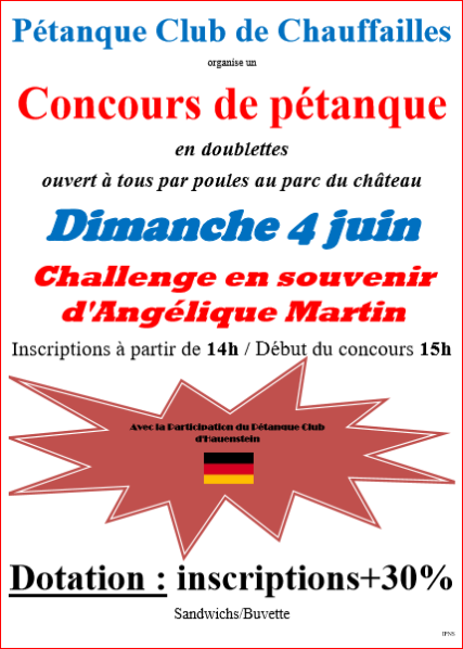Concours Challenge Angélique Martin Chauffailles, Dimanche 4 Juin 2017 Le Pétanque Club de Chauffailles organise (au Parc du Chateau) Concours Challenge Angélique Martin Chauffailles, Dimanche 4 Juin 2017 Le Pétanque Club de Chauffailles organise (au Parc du Chateau)