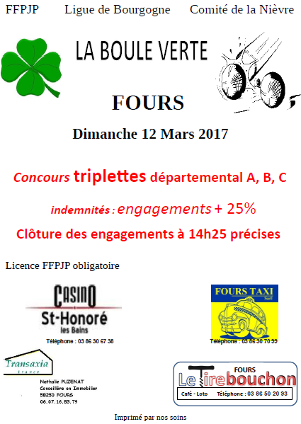 Concours triplettes à Fours(58) le dimanche 12 mars 2017