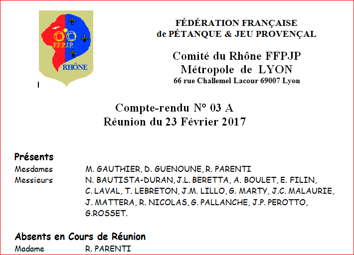 C.R. REUNION DU CD 69 EN DATE DU 23 FEVRIER 2017