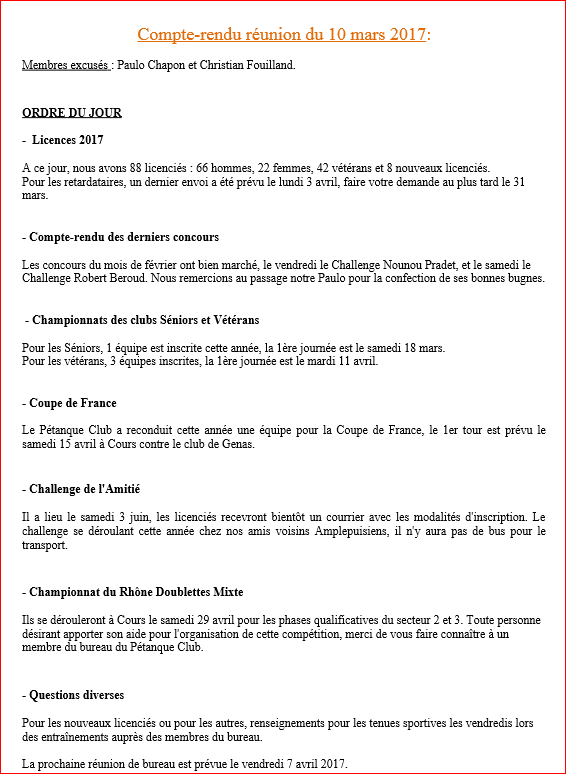 Compte-rendu de la réunion de bureau du vendredi 10 mars 2017 Pétanque club Cours-la-ville Compte-rendu de la réunion de bureau du vendredi 10 mars 2017 Pétanque club Cours-la-ville