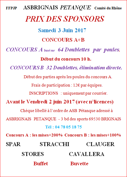 Concours PRIX DES SPONSORS  Samedi 3 Juin 2017 CONCOURS A+B