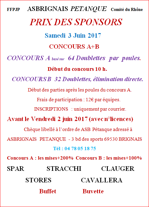 Concours PRIX DES SPONSORS Samedi 3 Juin 2017 CONCOURS A+B Concours PRIX DES SPONSORS Samedi 3 Juin 2017 CONCOURS A+B