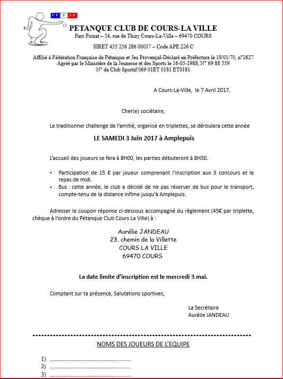 Inscription au Challenge de l'amitié 2017 Inscription au Challenge de l'amitié 2017