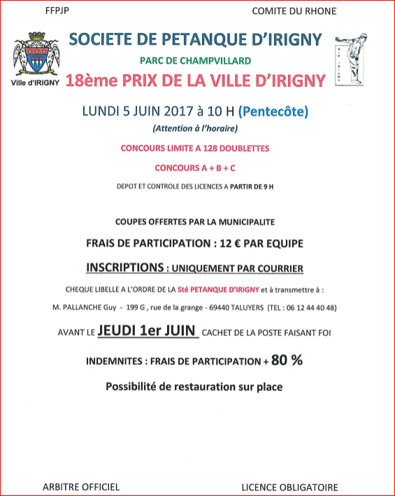 Concours Prix de la Ville d'IRIGNY le Lundi 5 juin 2017 à 10 h (Pentecôte)