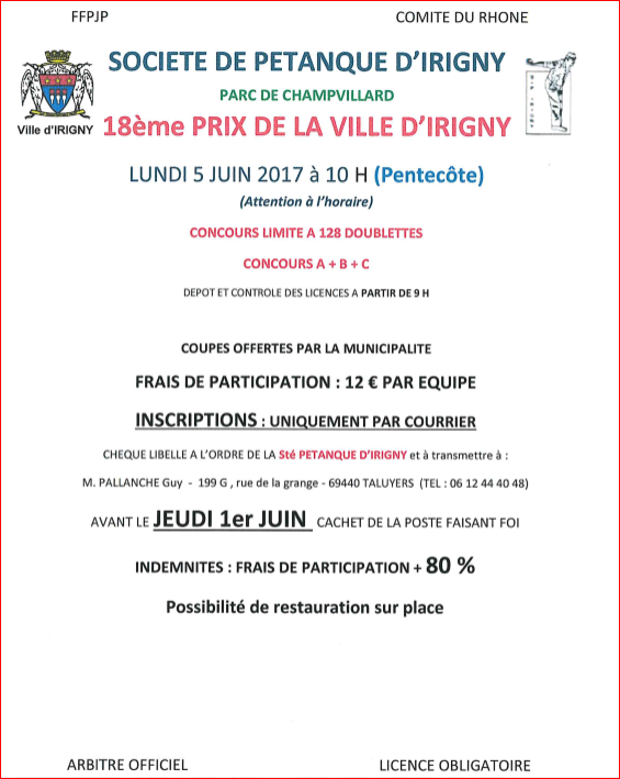 Concours Prix de la Ville d'IRIGNY le Lundi 5 juin 2017 à 10 h (Pentecôte) Concours Prix de la Ville d'IRIGNY le Lundi 5 juin 2017 à 10 h (Pentecôte)