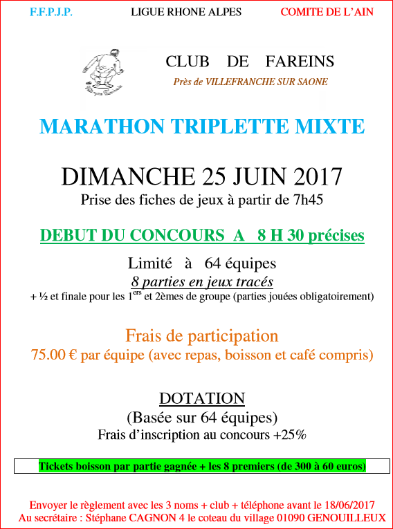 MARATHON TRIPLETTE MIXTE DIMANCHE 25 JUIN 2017 CLUB    DE    FAREINS  Près de VILLEFRANCHE SUR SAONE