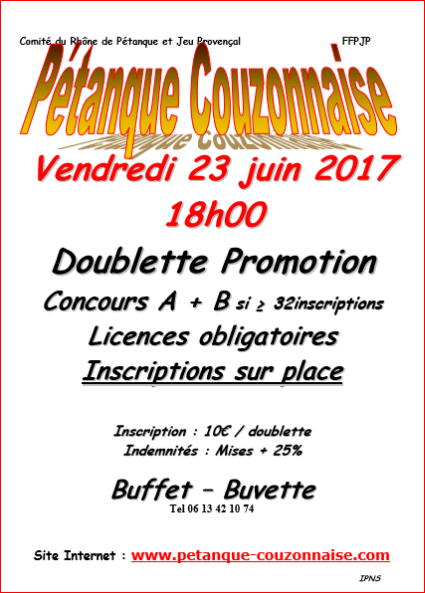 Concours Doublette promotion à Couzon vendredi 23 juin 2017 Concours Doublette promotion à Couzon vendredi 23 juin 2017