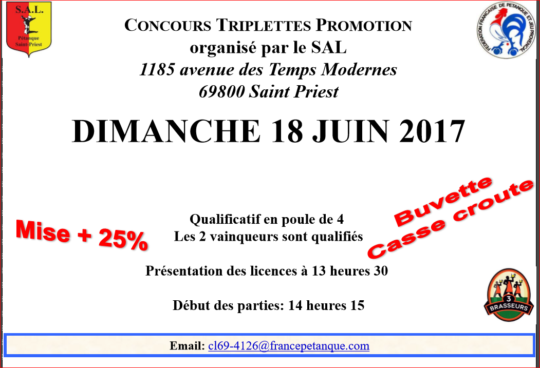 Concours Doublette promotion du 18 juin 2017 SAL PETANQUE Concours Doublette promotion du 18 juin 2017 SAL PETANQUE