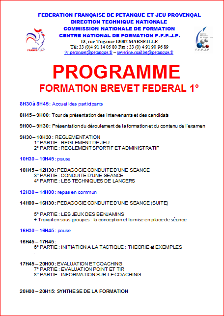 PROGRAMME FORMATION BREVET FEDERAL 1° PROGRAMME FORMATION BREVET FEDERAL 1°