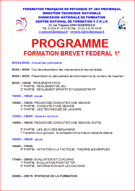 PROGRAMME  FORMATION BREVET FEDERAL 1°