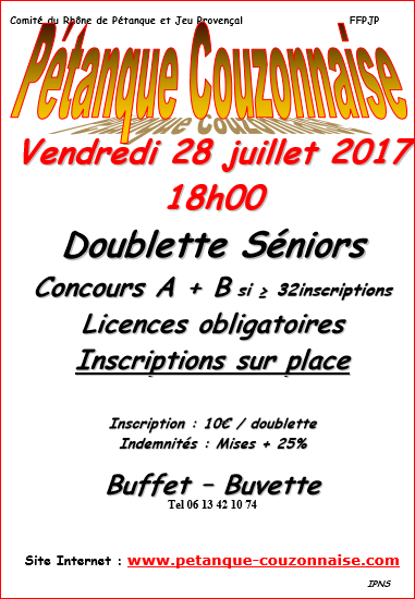 Concours Doublette à Couzon le vendredi 28 juillet 2017 Concours Doublette à Couzon le vendredi 28 juillet 2017
