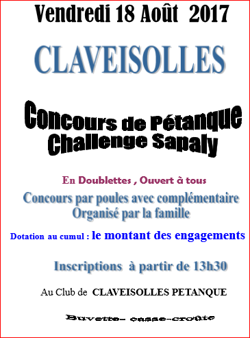 Concours vendredi 18 août 2017 CLAVEISOLLES PÉTANQUE